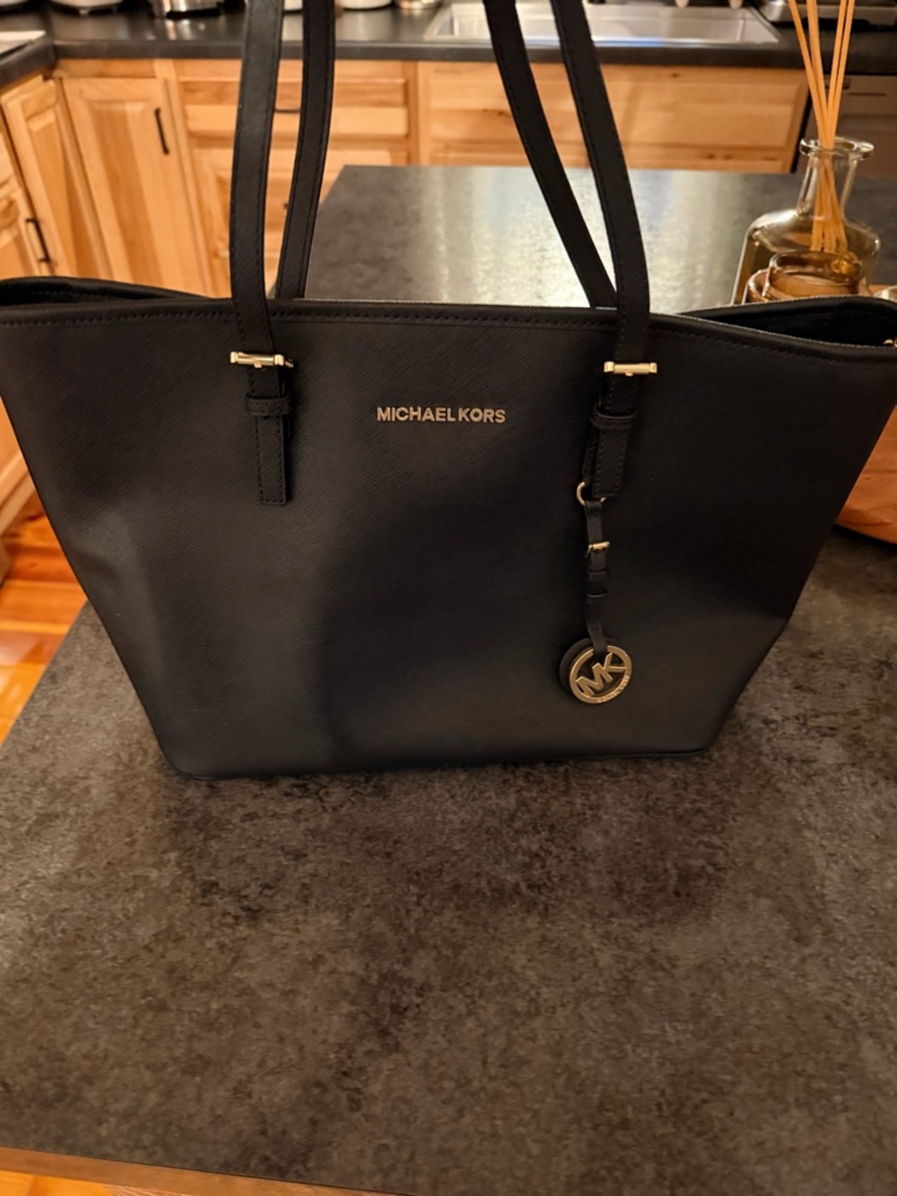Michael Kors Black Saffiano Tote with Gold Logo Charm